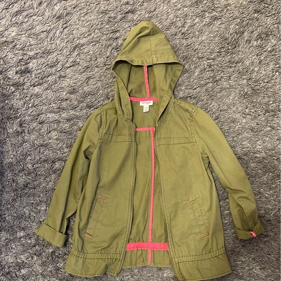 Cat & Jack Girl's Army Green Military Jacket Medium 7/8 Full Zip Fall Hooded - Picture 1 of 2